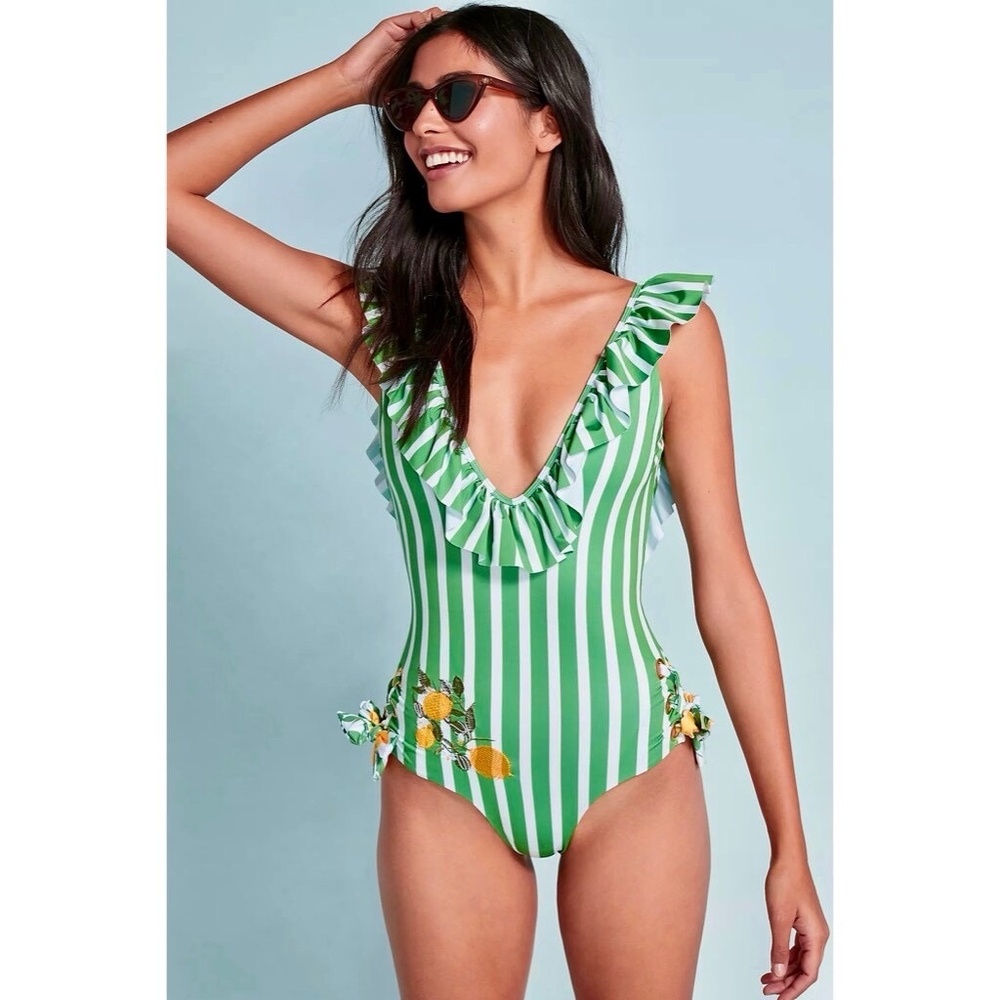 Anthropologie Green and White Striped Ruffle One-Piece Swim
